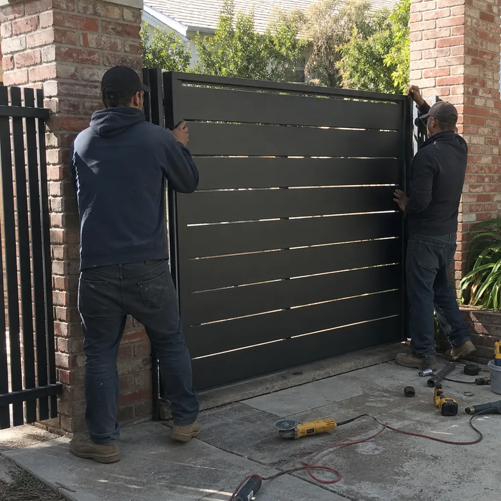 Two professional workers installing a modern black metal driveway gate