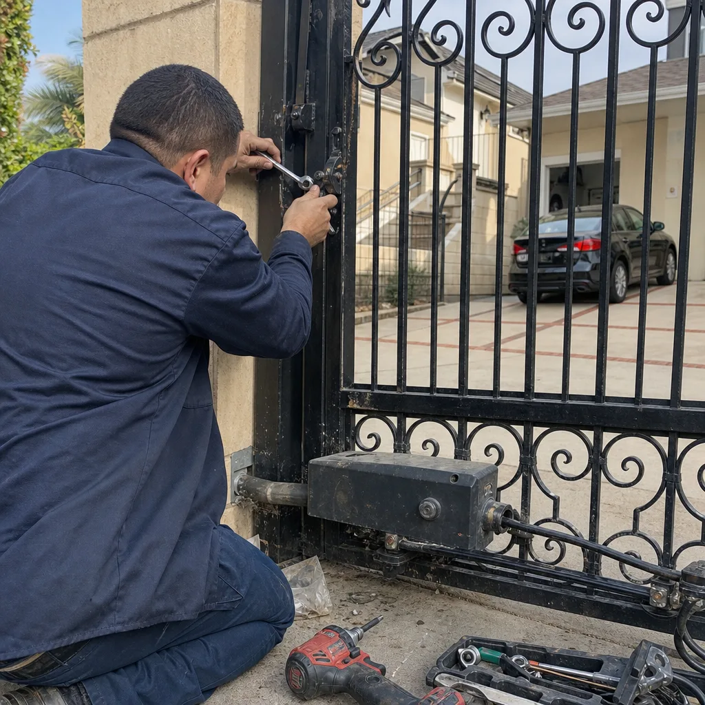 Technician performing professional gate motor repair on an iron gate