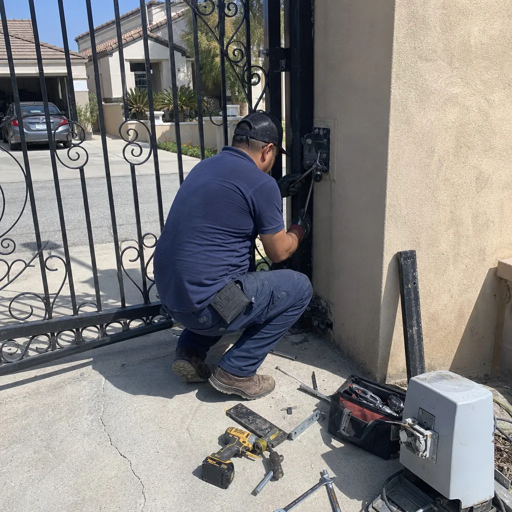 Technician performing professional gate motor and hinge repair services