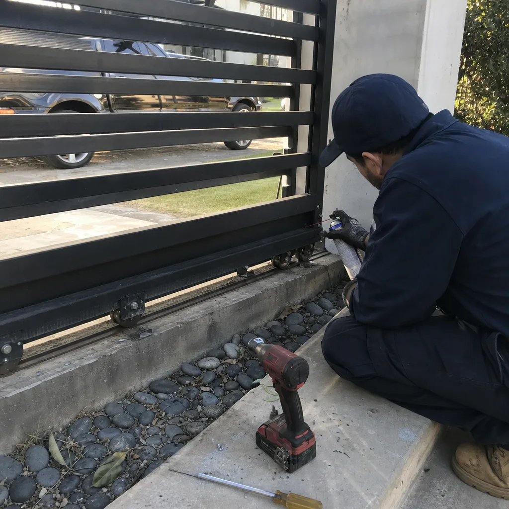 Technician performing maintenance and lubrication on a sliding metal gate