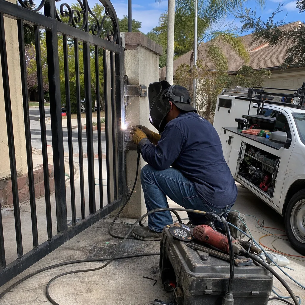 A professional welder performing an on-site metal gate repair.