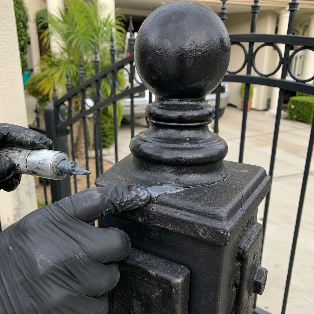 Professional applying sealant to repair a cracked decorative metal gate post.