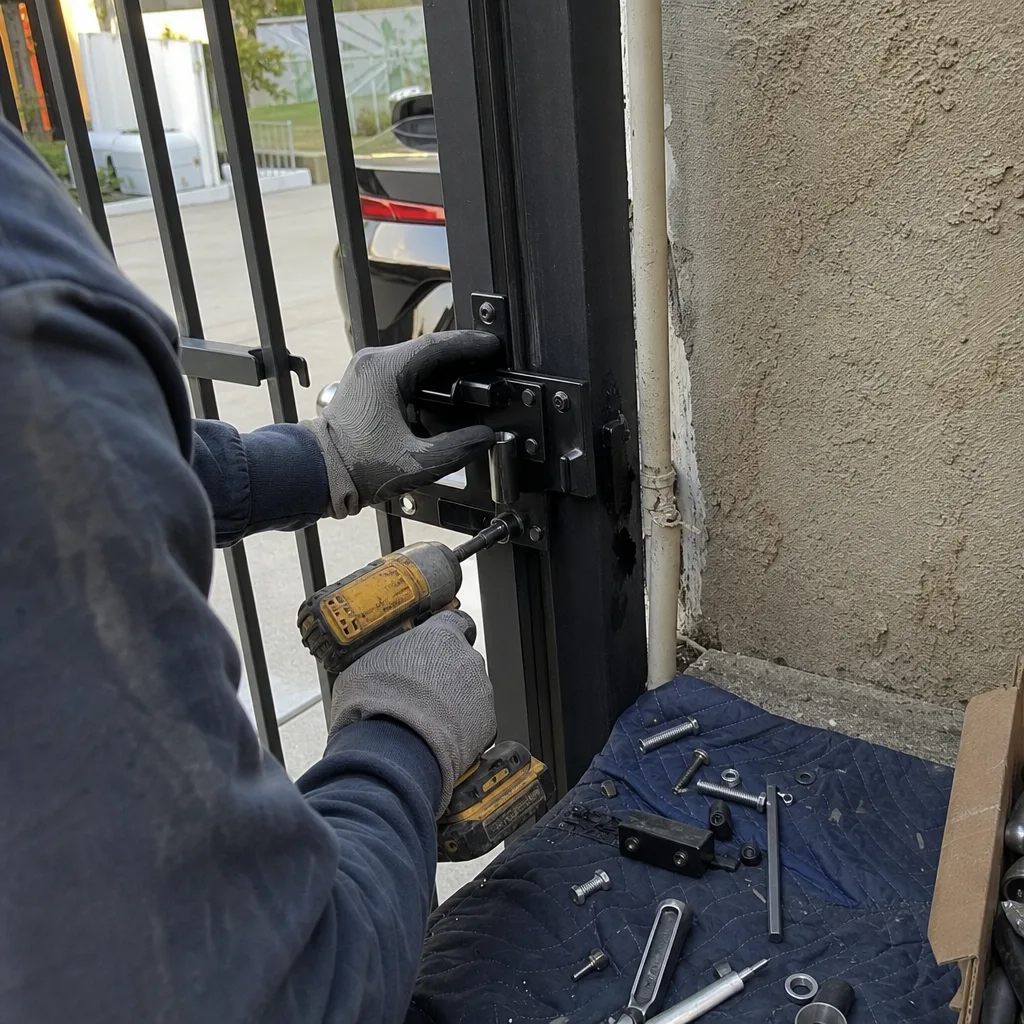 Professional technician installing a gate latch using a power drill